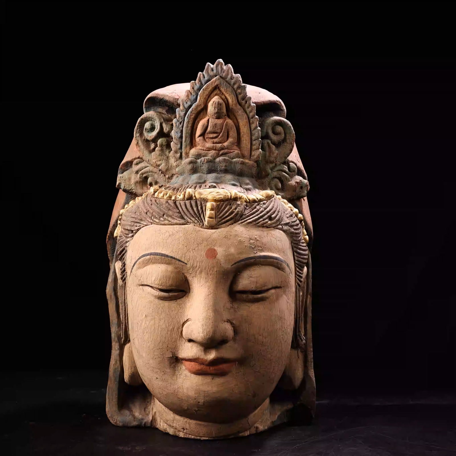 Camphor wood painted and carved Guanyin Bodhisattva head ornament: Dimensions: Height 43cm, Width 24cm, Weight: 5200g