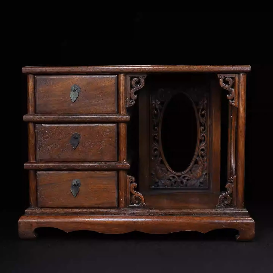 Rosewood three-drawer openwork carved storage cabinet: Dimensions: Length 42cm, Width 20cm, Height 31cm