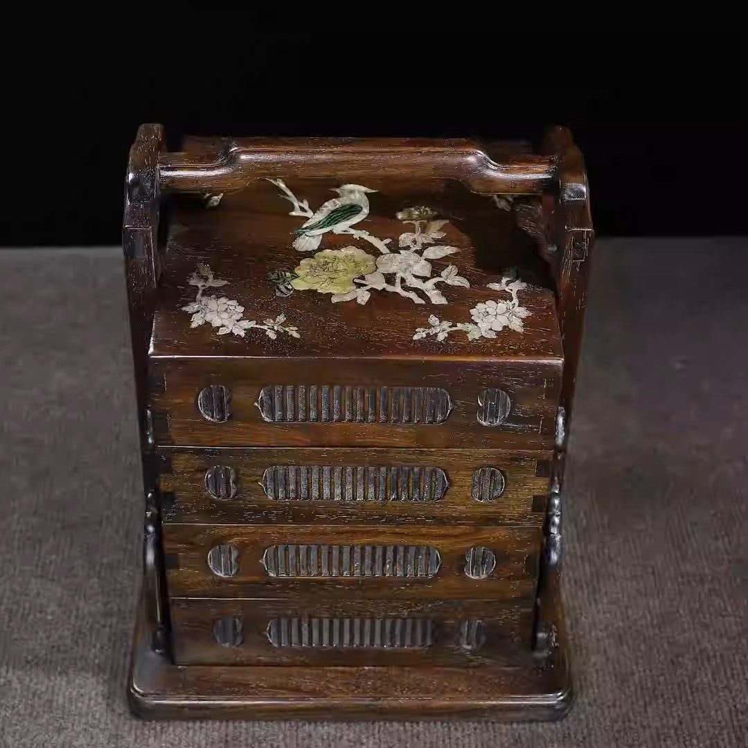 Rosewood multi-layered food box inlaid with seashells: Dimensions: Length 26.5cm, Width 26.5cm, Height 30.5m