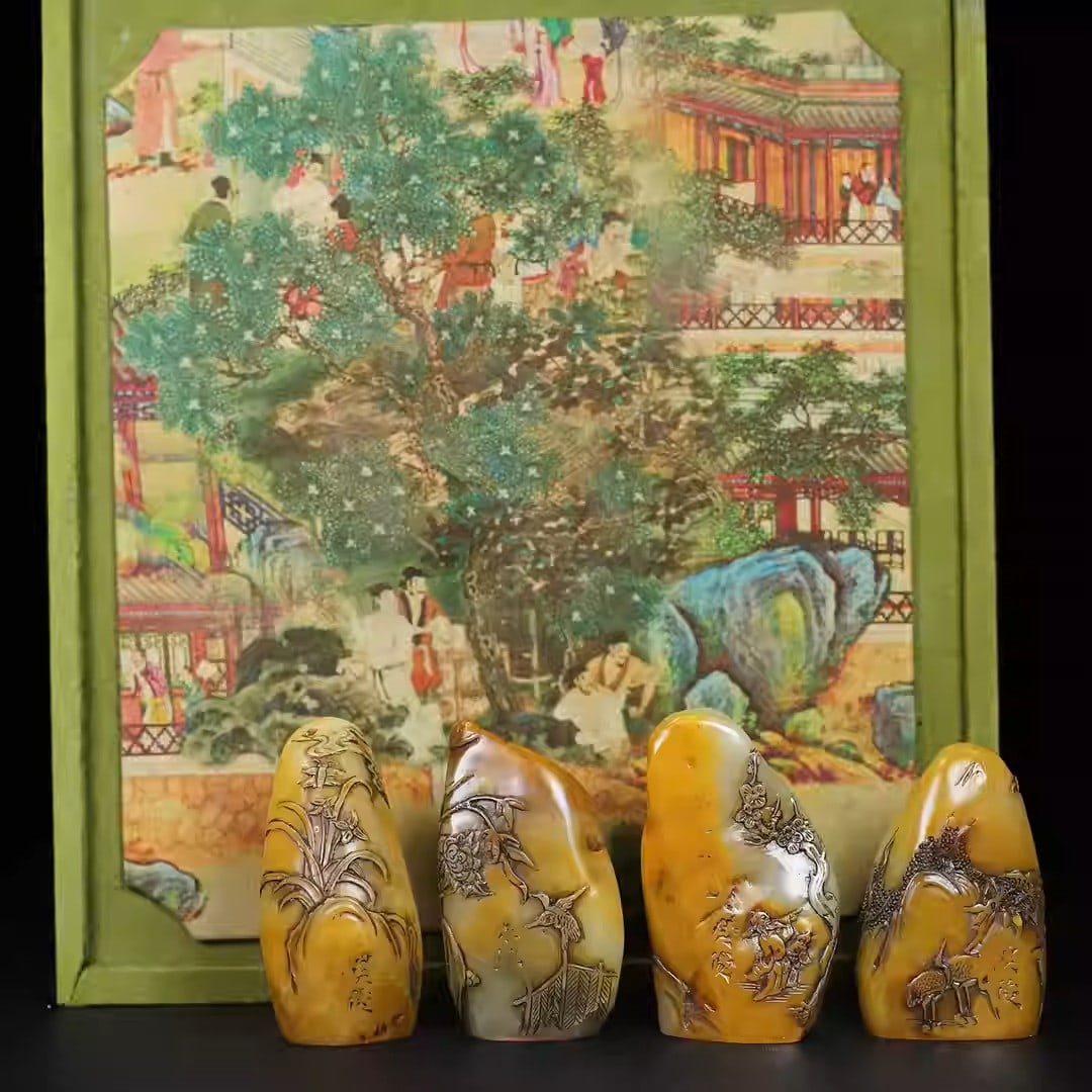 A set of Shoushan stone seals with bas-relief design of plum blossoms, orchids, bamboo, and: Dimensions: Length 3.5cm, Width 2.5cm, Height 5.8cm, Total Weight: 367g