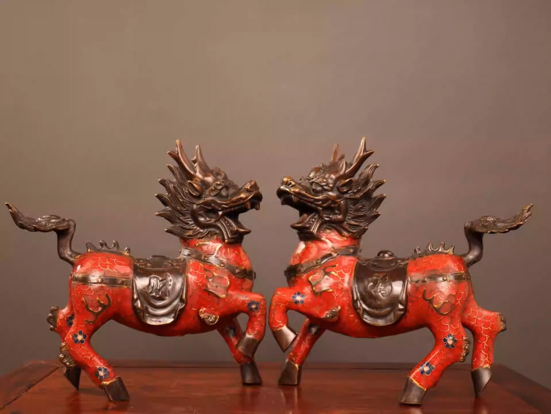 A pair of pure copper cloisonné enamel auspicious kylins: Dimensions: Length 23.5cm, Width 7.5cm, Height 23cm, Total Weight: 3640g