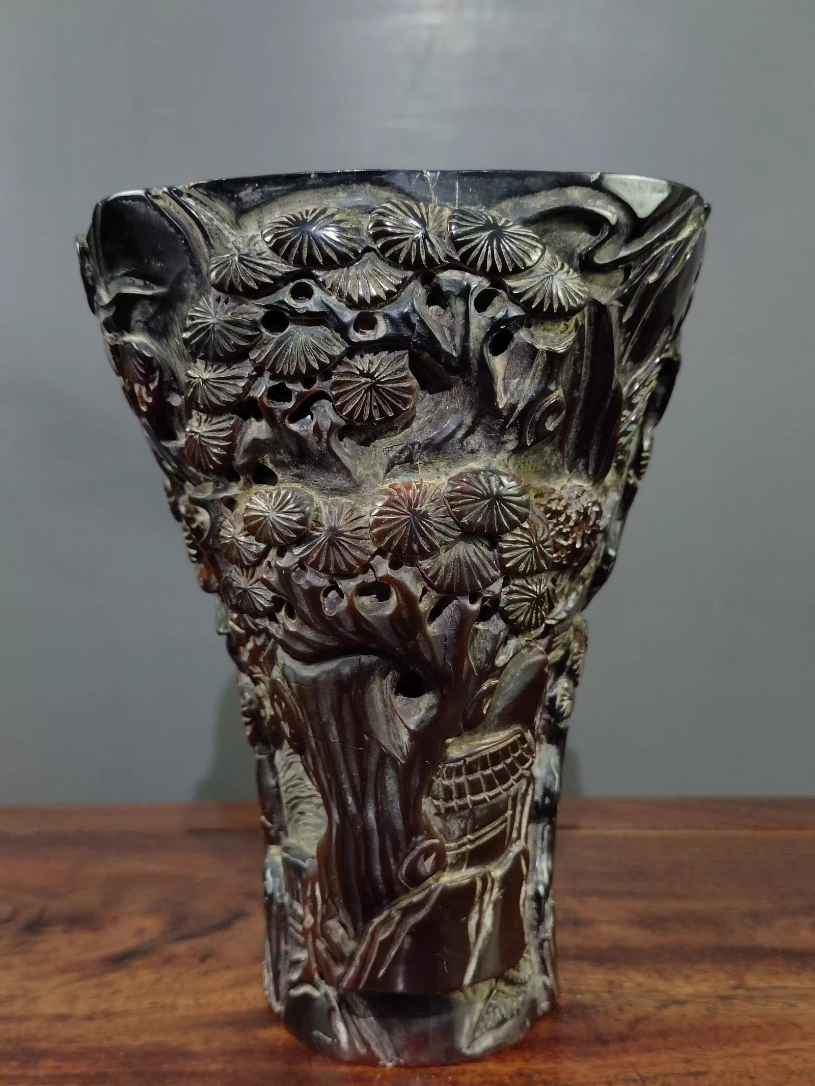 Carved Ox-Horn Ornamental Wine Cup: Depicting Pavilions, Towers, Landscapes, and Figures: Dimensions: Length 19cm, Width 14cm, Height 17cm Weight: 1645g