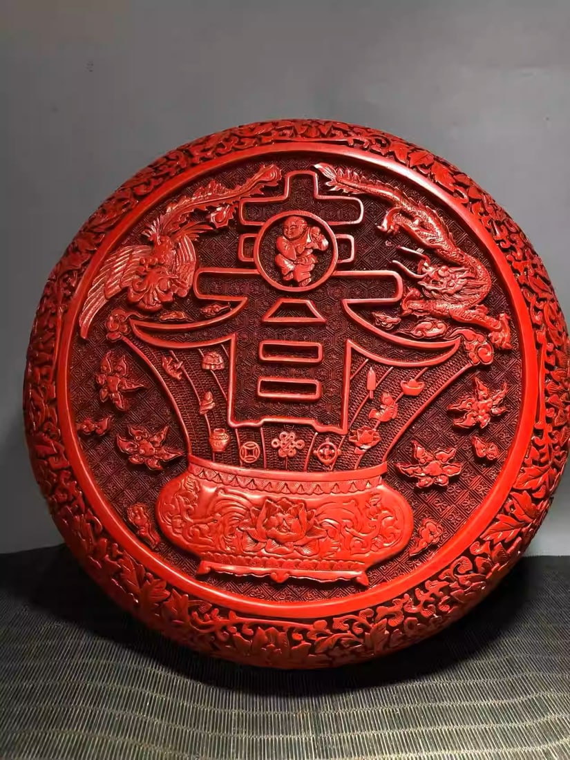 Carved Red Lacquer Box Ornament: Dimensions: Diameter 30cm, Height 12.5cm, Weight: 2480g