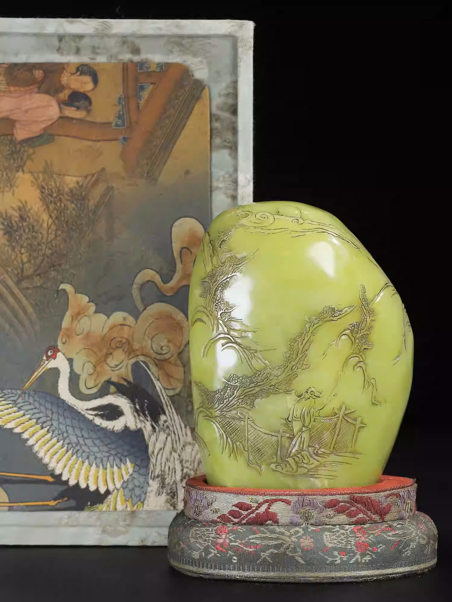 Shoushan Stone Seal Carving: "Landscape and Figures": Dimensions: Height 12cm, Width 8.5cm, Weight: 777g