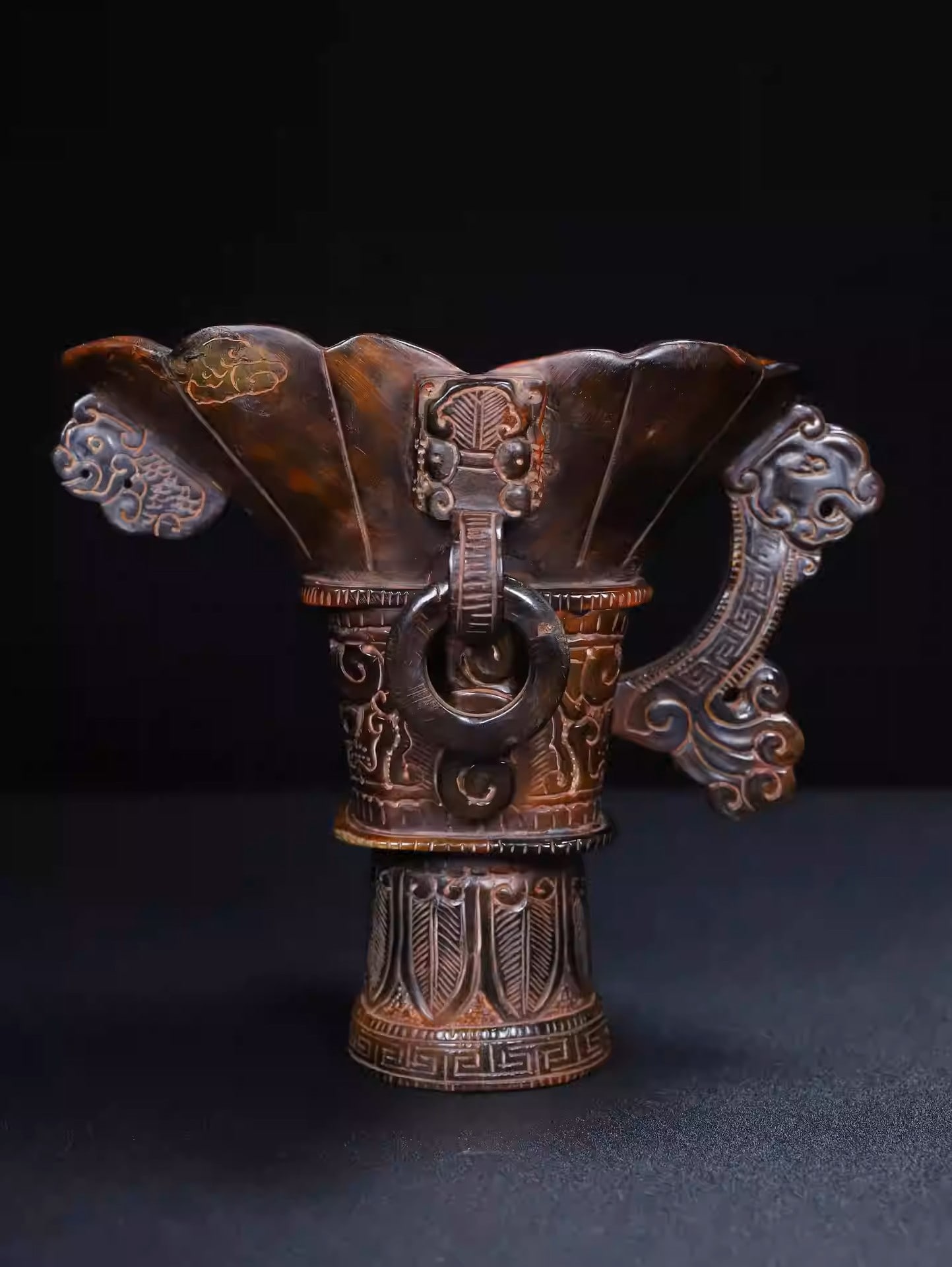 Carved Ox-Horn Ornamental Cup with Double Ring Handles and Beast Motifs: Dimensions: Height 21cm, Width 19cm, Weight: 850g