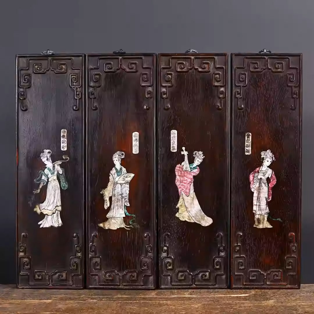 A set of four panels made of rosewood inlaid with mother-of-pearl depicting the Four Great Beauties: Each panel measures 14 cm long, 45 cm high, and 2.5 cm thick
