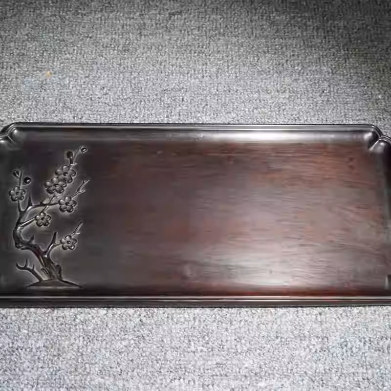 Rosewood carved tea tray with plum blossom design: Dimensions: Length 30cm, Width 14cm, Thick 1.5cm