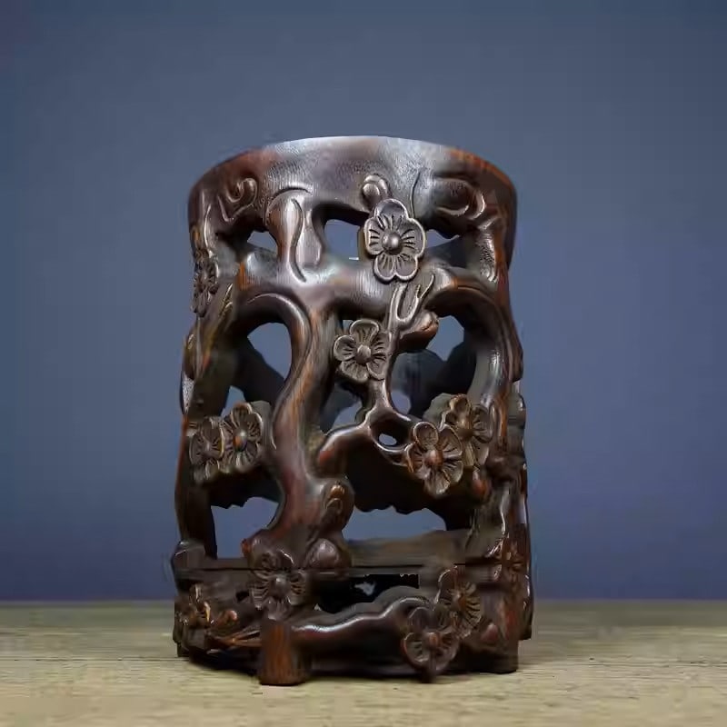 Natural bamboo carved and openwork pen holder with plum blossom design: Dimensions: Length 13cm, Width 12.5cm, Height 16.5cm Weight: 260g