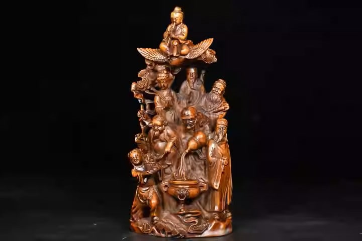 Boxwood finely carved figurine depicting the Eight Immortals crossing the sea: Dimensions: Width 9cm, Height 20cm