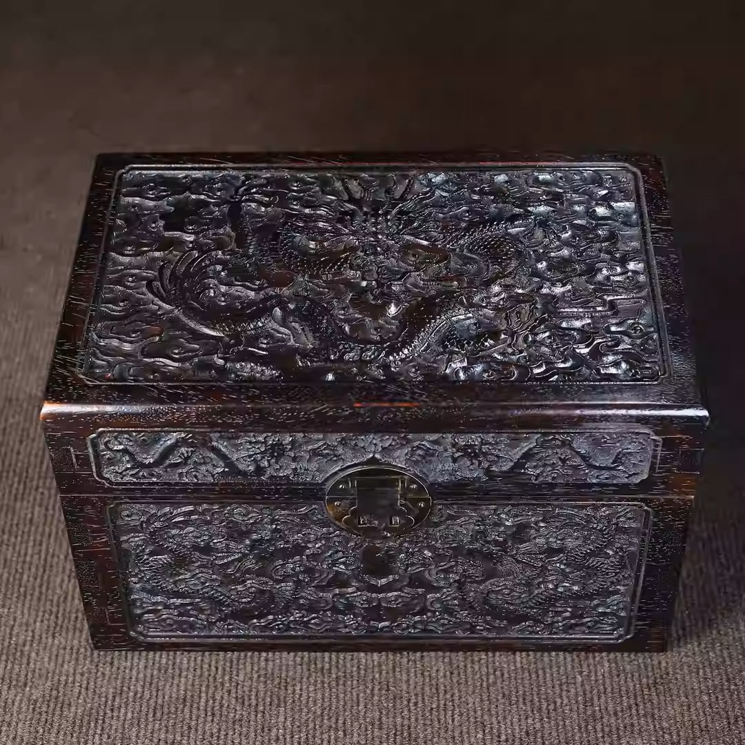 Sandalwood seal box carved with auspicious dragons: Dimensions: Length 30cm, Width 19cm, Thick 18.5cm