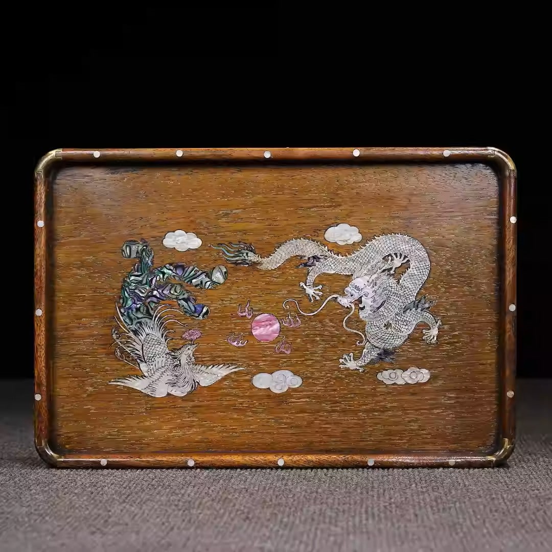 Rosewood tea tray inlaid with mother-of-pearl depicting dragons and phoenixes: Dimensions: Length 36cm, Width 24cm, Thickness 3cm Weight: 1036g