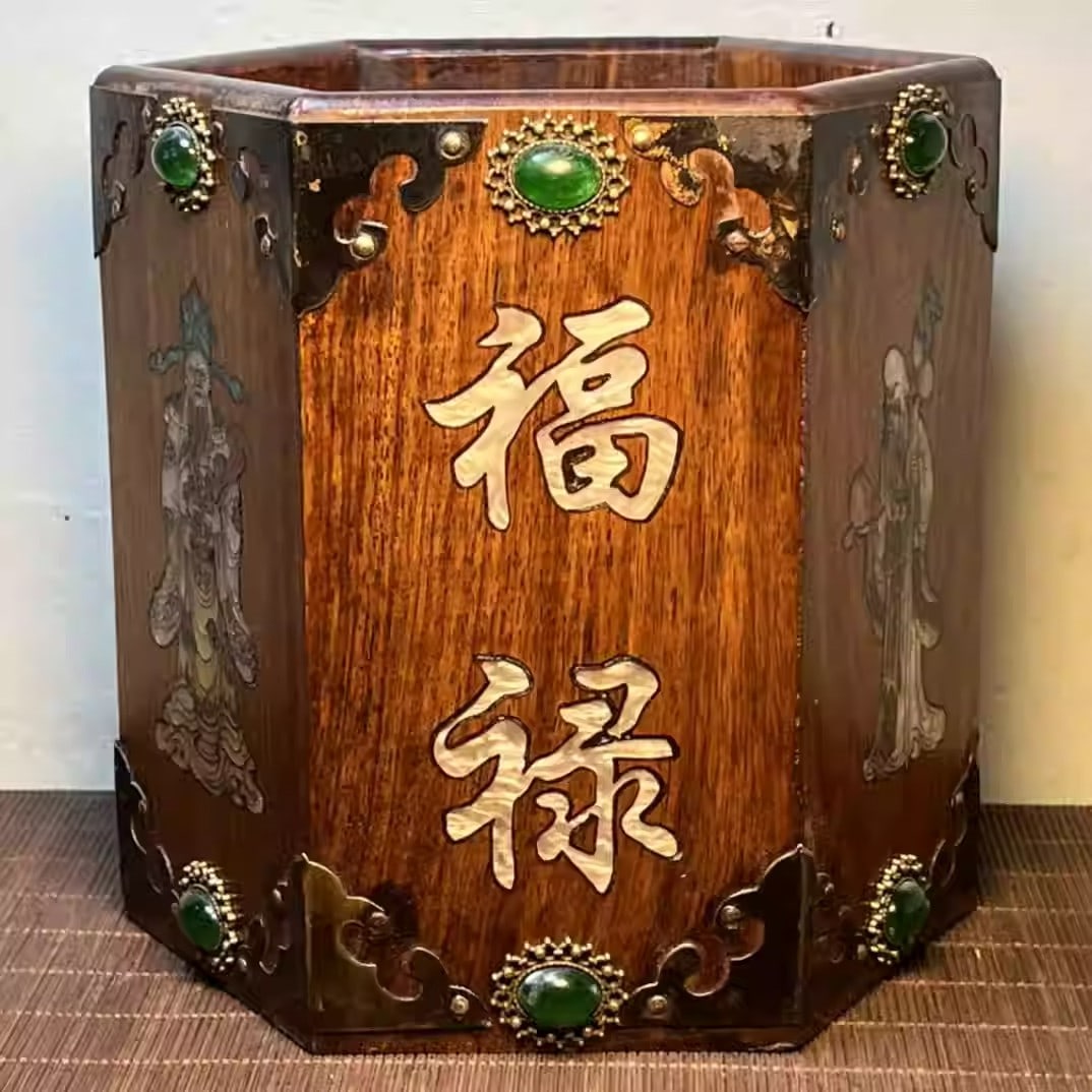 Rosewood pen holder inlaid with mother-of-pearl depicting fortune, prosperity, and longevity: Dimensions: Diameter 16cm, Height 16cm