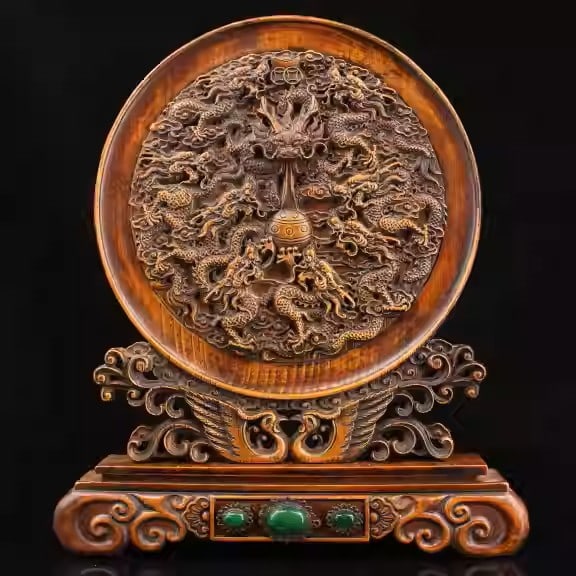 Boxwood intricately carved screen inlaid with gemstones depicting nine dragons: Dimensions: Width 29cm, Height 35cm Weight: 702g