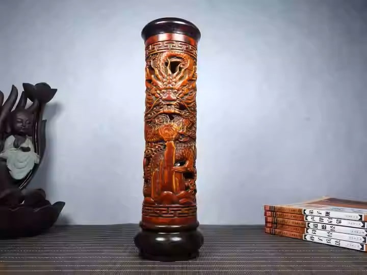 Rosewood intricately carved incense holder depicting a dragon exhaling a pearl amidst clouds: Dimensions: Width 6cm, Height 25cm
