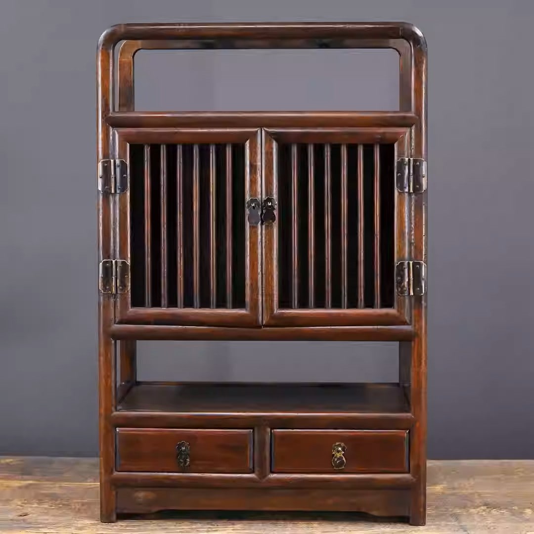 Rosewood display cabinet with drawers: Length 36 cm, width 18 cm, height 54 cm, weight 2535 grams.