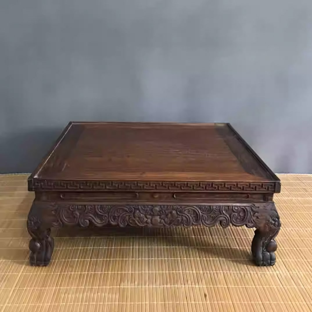 Rosewood intricately carved tea table: Length 53 cm, width 53 cm, height 20 cm.