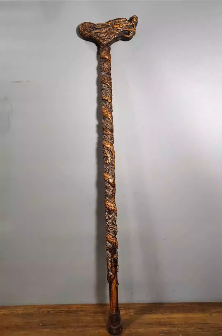 Exquisitely carved peach wood walking stick with a dragon and auspicious cloud motif on the handle: Dimensions: Length 85cm, Width 17cm, Weight: 570g