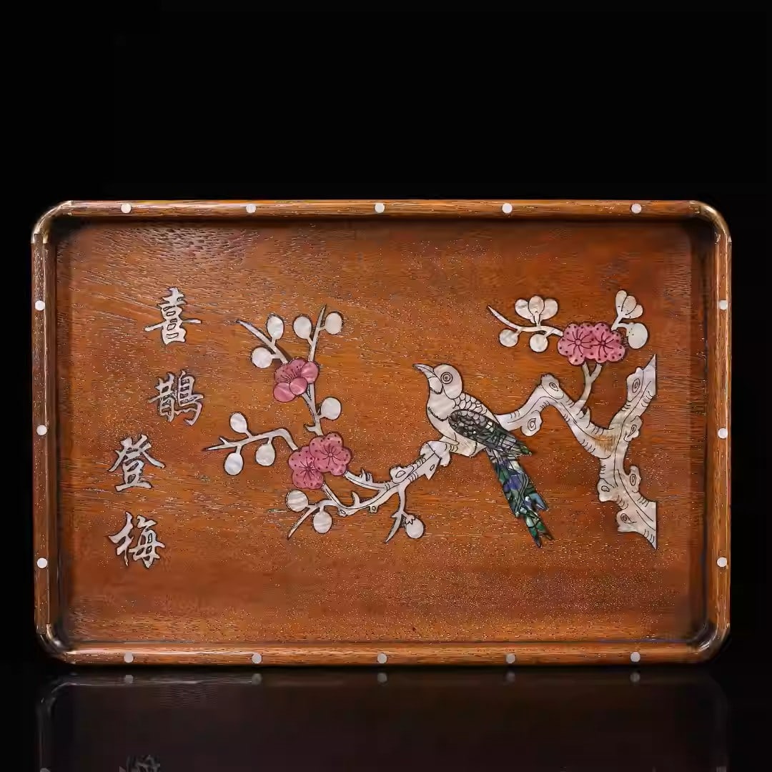 Rosewood tea tray with brass corners and inlaid mother-of-pearl depicting magpies on plum blossoms: Dimensions: Length 36cm, Width 24cm, Thickness 3cm Weight: 1036g