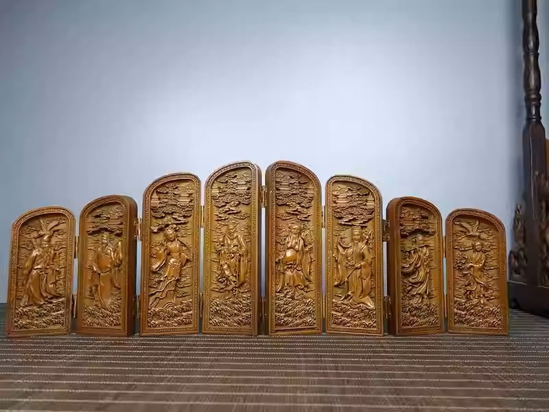 Carved boxwood eight-panel ornament depicting the Eight Immortals crossing the sea: Dimensions: Length 45cm, Width 10.5cm, Height 14.5cm Weight: 300g