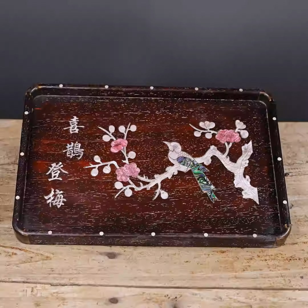 Rosewood tea tray inlaid with colorful seashells depicting magpies perching on plum blossoms: Dimensions: Length 36cm, Width 24cm, Thickness 3cm Weight: 1036g
