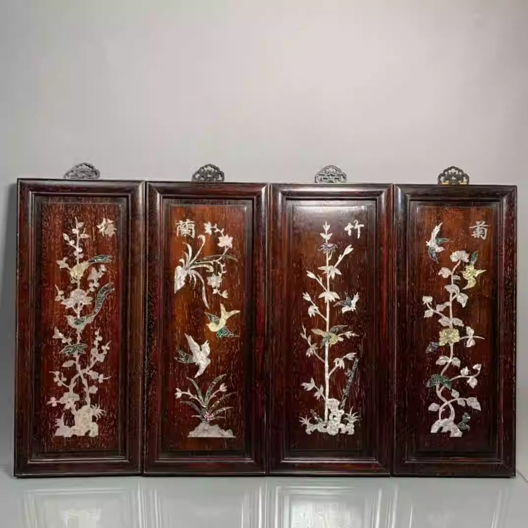 Four rosewood hanging screens inlaid with mother-of-pearl depicting plum blossoms, orchids, bamboo,: Each panel is 19 cm wide, 45 cm high, and 2 cm thick. The four panels together have a total width of 76 cm and a height of 45 cm.