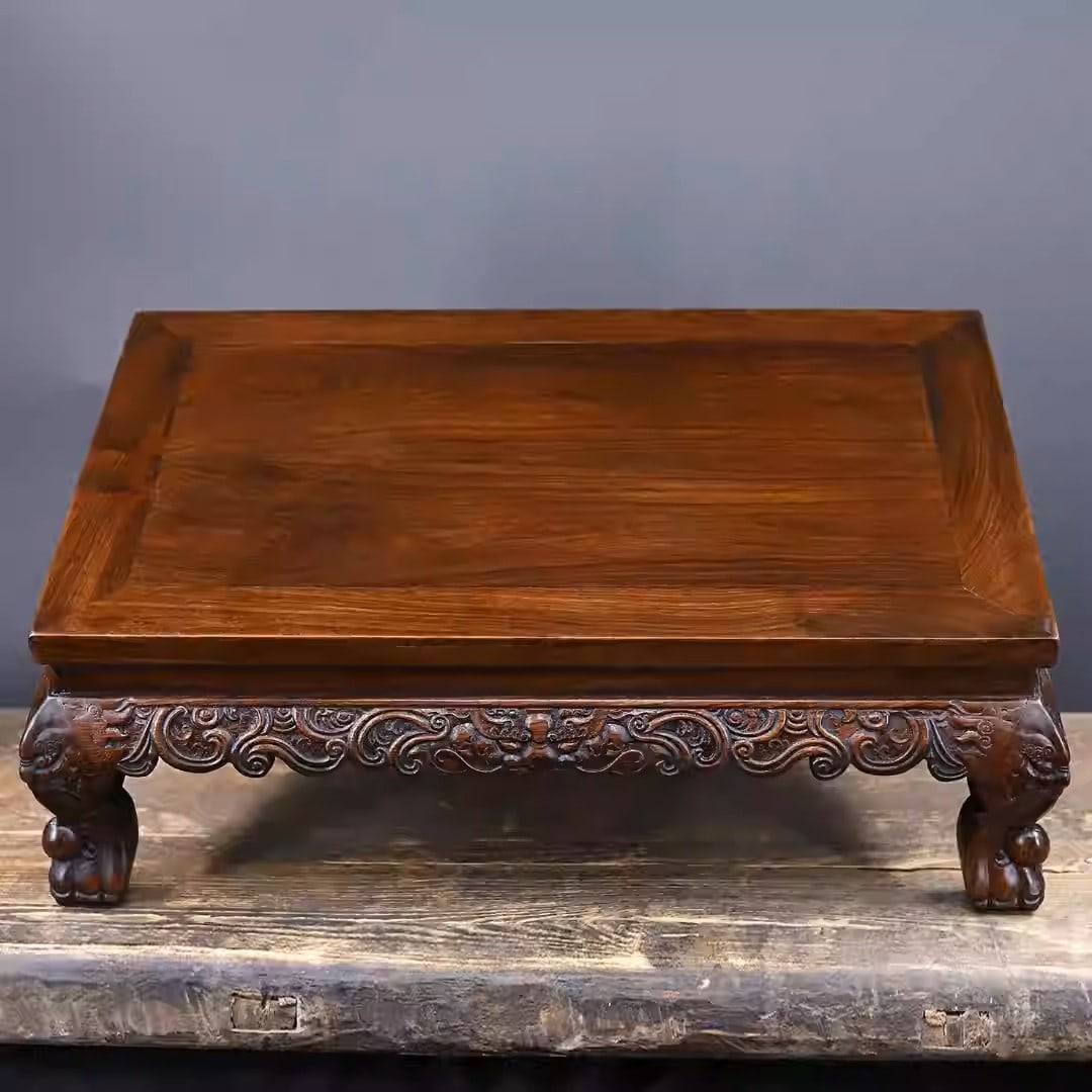 Rosewood carved tea table: Dimensions: Length 68cm, Width 46cm, Height 23cm Weight: 4610g