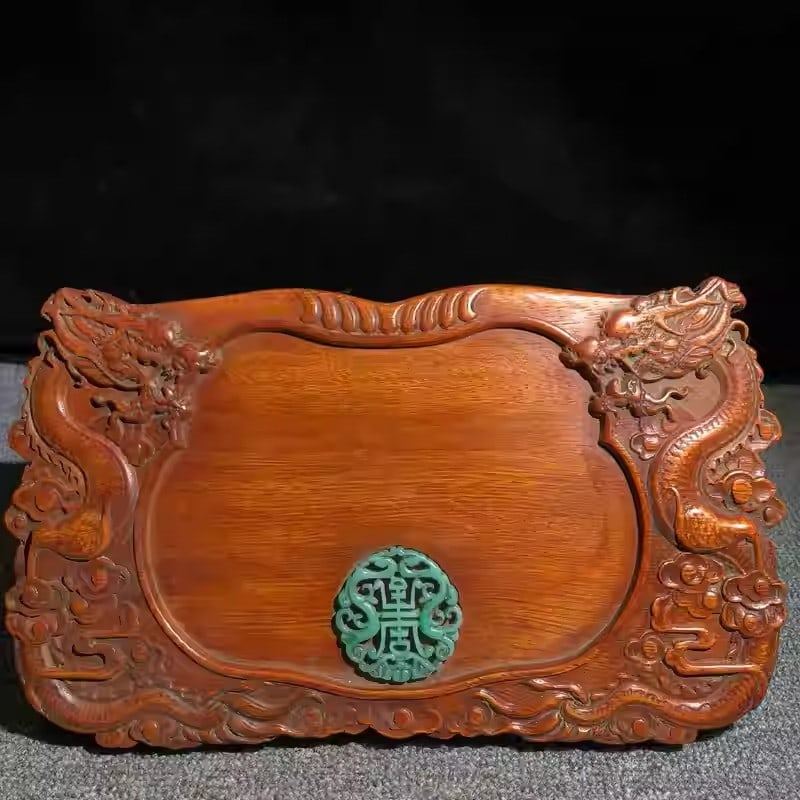 Rosewood tea tray intricately carved with two dragons playing with a pearl: Dimensions: Length 30cm, Width 18cm, Thickness 2.5cm