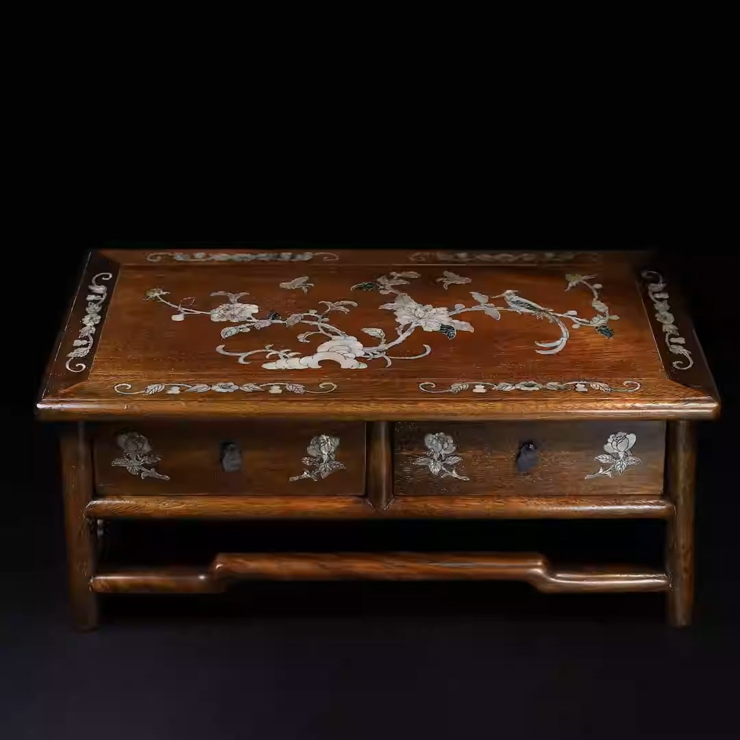 Rosewood tea table with two drawers, inlaid with mother-of-pearl floral and bird motifs: Dimensions: Length 48cm, Width 25cm, Height 20cm