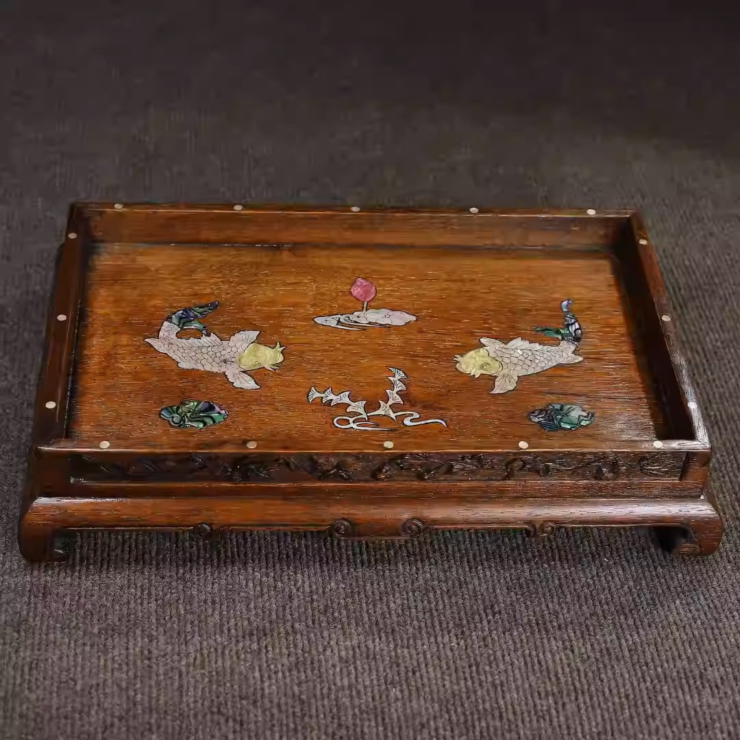 Rosewood tea tray inlaid with mother-of-pearl depicting a motif of abundance year after year: Dimensions: Length 38.5cm, Width 24.5cm, Height 8cm