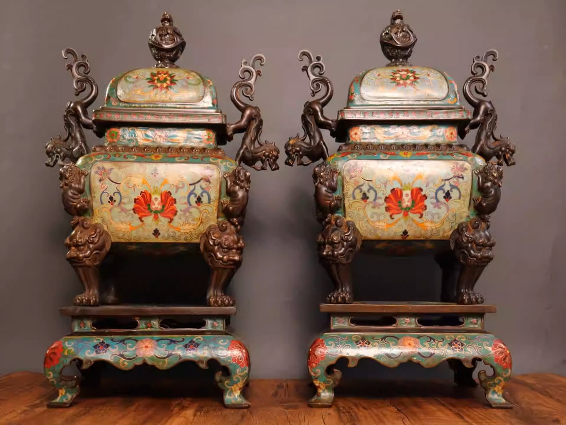 Pure copper cloisonné incense burner with golden dragon design: Dimensions: Length 33cm, Width 24cm, Height 58cm, Total Weight: 22.75kg