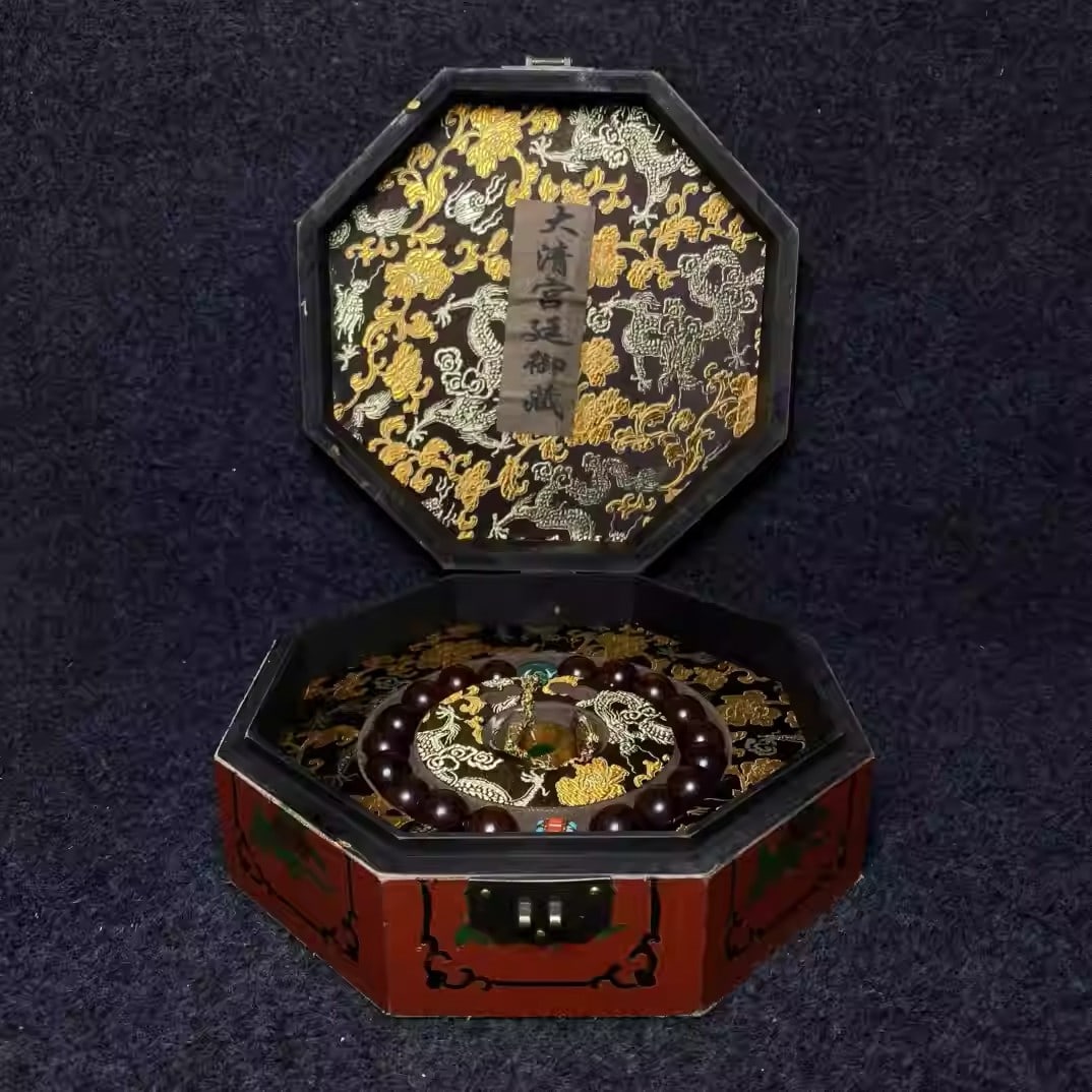 The imperial lacquer box contained a sandalwood 18-bead rosary (1 of 5)
