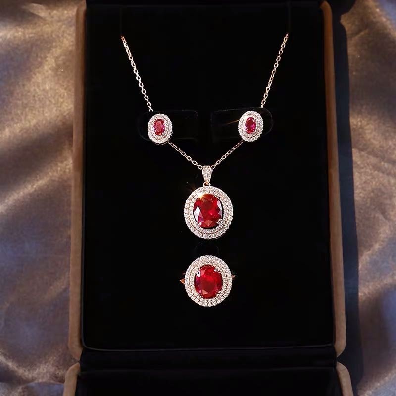 925 Silver Ruby Pendant Earrings and Ring Three-Piece Set (1 of 5)