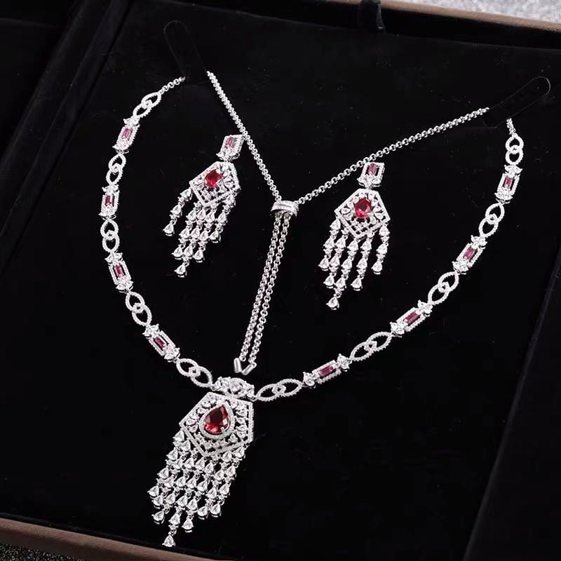 925 Silver Ruby Necklace And Earrings Two-Piece Set (1 of 5)