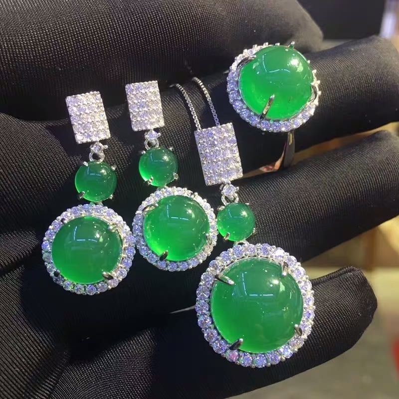 925 Silver Jade Necklace Earrings and Ring Three-Piece Set (1 of 4)