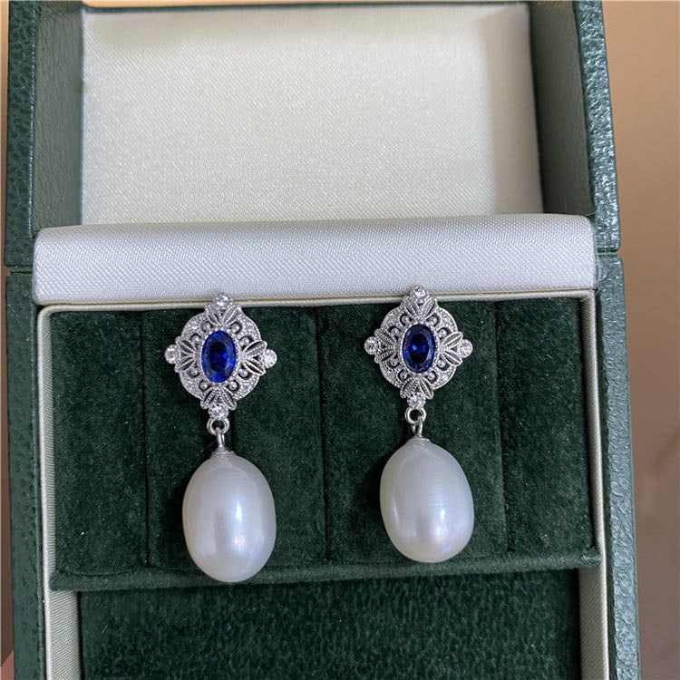 Natural Pearl Embeded Sapphire 925 Silver Earrings (1 of 4)