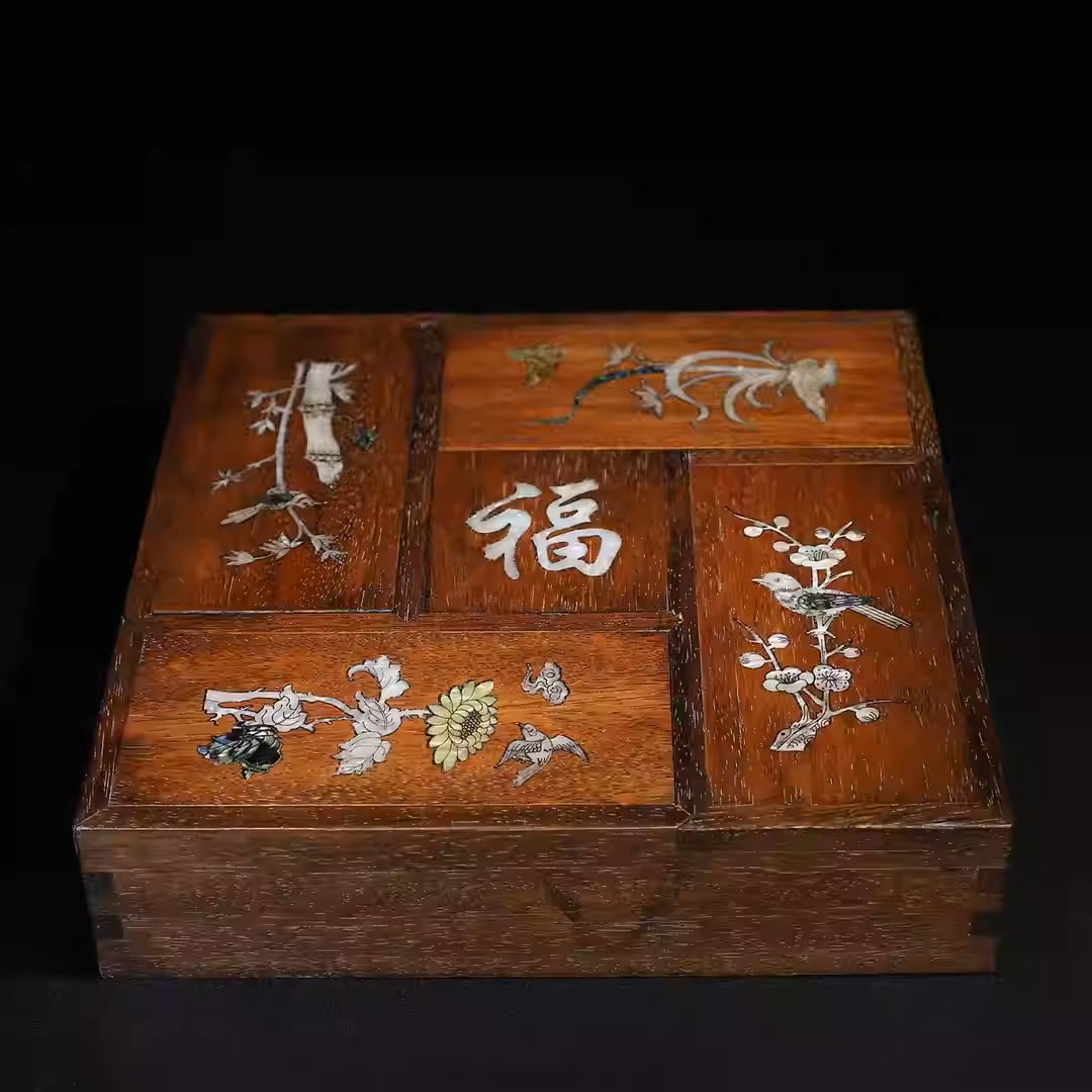 Rosewood box inlaid with mother-of-pearl depicting plum blossoms, orchids, bamboo, chrysanthemums, (1 of 5)