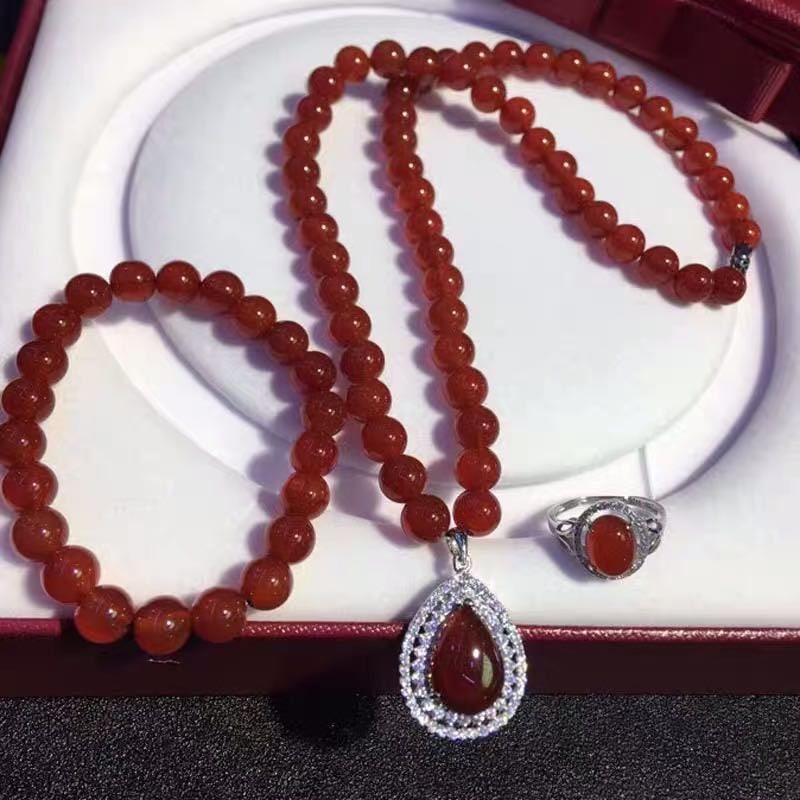 925 Silver Jade Necklace Bracelet and Ring Three-Piece Set (1 of 3)