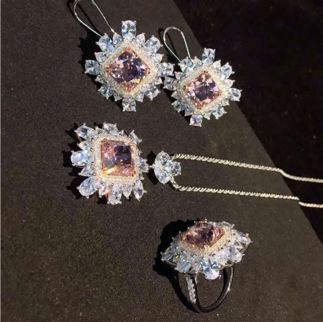 925 Silver Pink Gem Pendant Earrings and Ring Three-Piece Set (1 of 3)