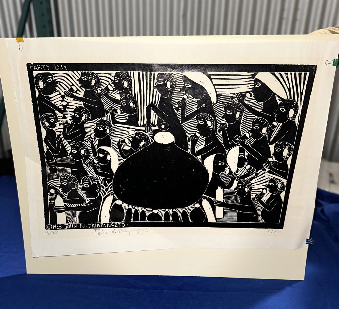 'Party Day' by John Muafangejo: Muafangejo is considered one of the most important visual artists of his generation. His linocuts are powerful depictions of people and events, expressed in black and white imagery, condensing the col