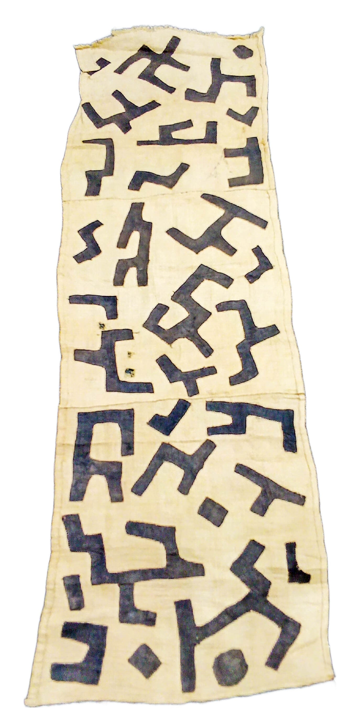 Kuba Cloth: Kuba cloth is usually identified by bold, graphic black patterns that suggest movement. The textile often prominently features both repeated themes and irregularities between sections, which remind yo