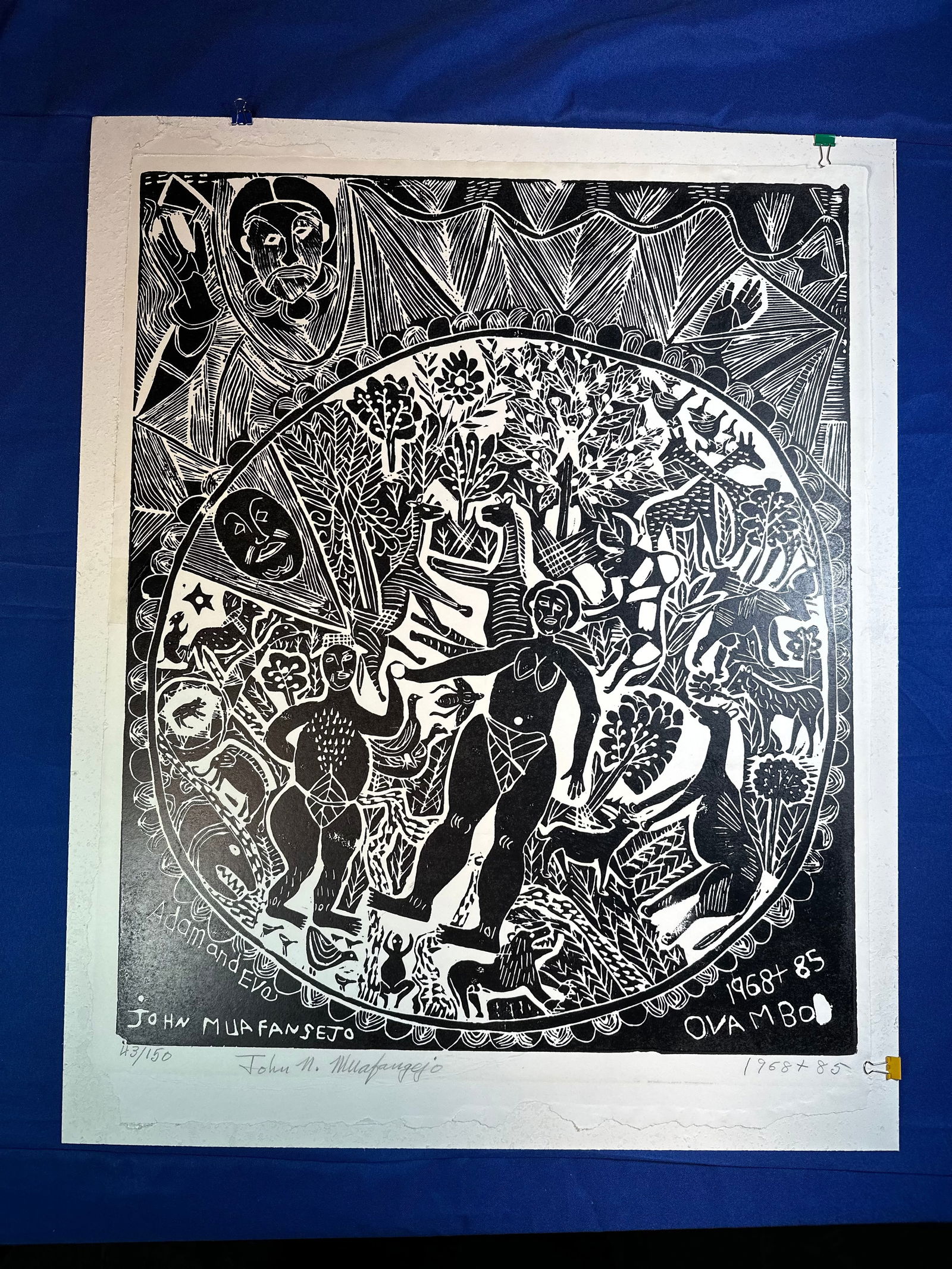 Ovambo: Muafangejo is considered one of the most important visual artists of his generation. His linocuts are powerful depictions of people and events, expressed in black and white imagery, condensing the col