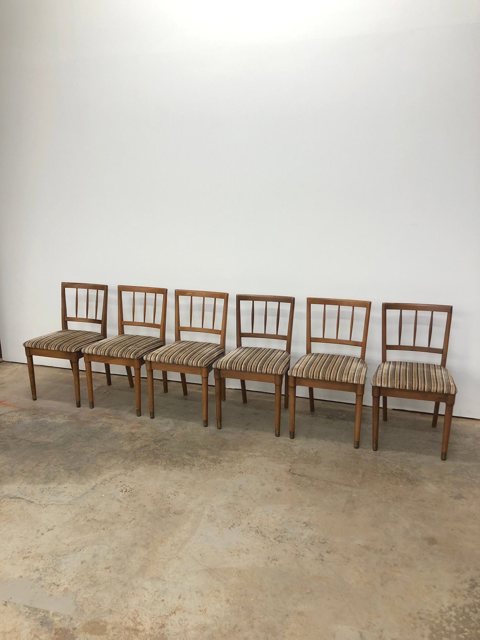 Mid Century Dining Chairs: Set of 6 mid century dining chairs. Seats are very easy to recover. Solid wood. 1960s. Seat height: 18 inches.