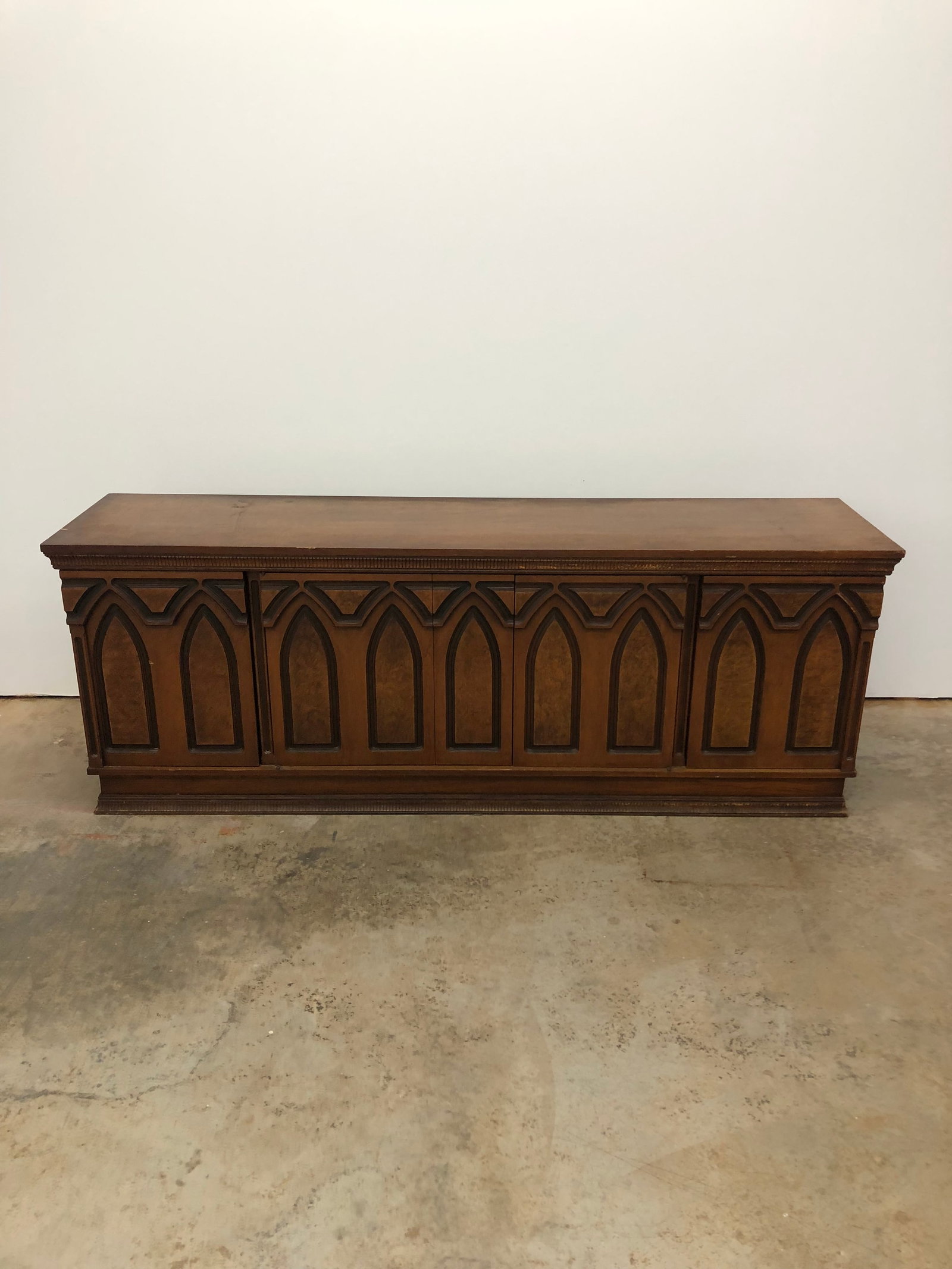 Vintage Sideboard/Dresser: Burl style wood. Most likely from 1970's. 1 shelf behind doors.