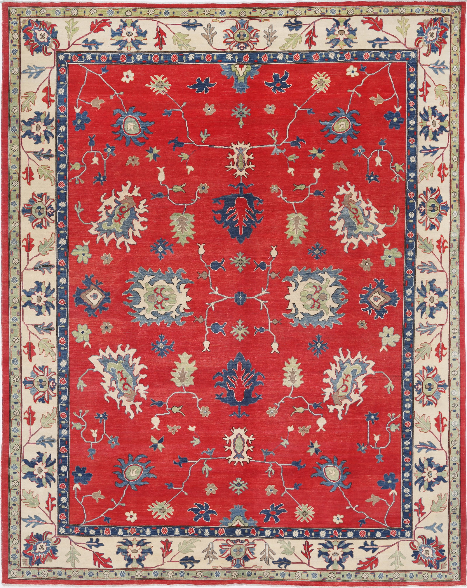 Hand Knotted kazak Wool Rug - 13'5" x 11'0": Hand knotted in Afghanistan, this Afzai Kazak rug reflects the enduring vitality of tribal weaving traditions, presented in a versatile rectangular size of 13?5" x 11?0". Crafted from wool, the rug of