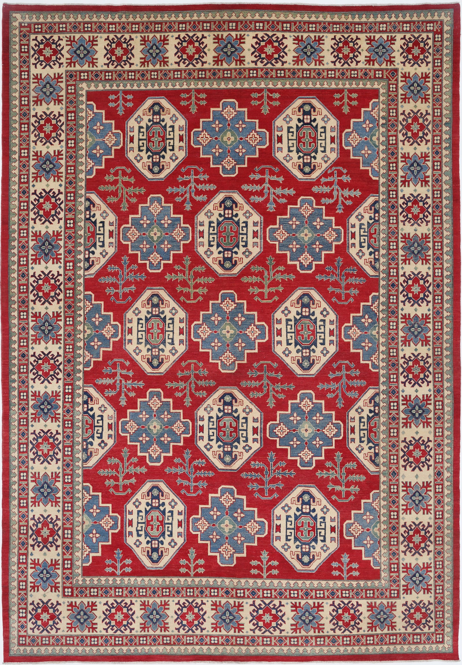 Hand Knotted kazak Wool Rug - 14'3" x 9'10": Woven by hand in Afghanistan, this Afzai Kazak rug brings the bold poetry of tribal design into a graceful 14'3" x 9'10" rectangular format, offering a strong yet inviting presence within the room. Cr