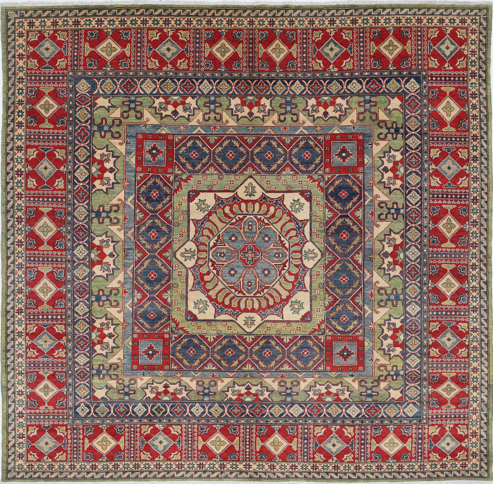 Hand Knotted Kazak Wool Rug - 9'6" x 9'10": Hand knotted in Afghanistan, this Afzai Kazak rug brings the spirited language of tribal design to a beautifully balanced square format measuring 9'6" x 9'10". Crafted from wool, it offers a rich, tac