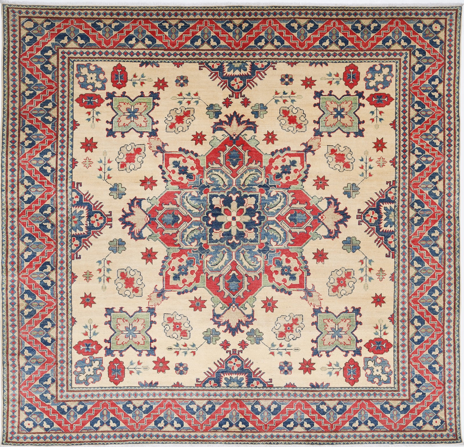 Hand Knotted kazak Wool Rug - 8'8" x 9'2": Hand knotted in Afghanistan, this Afzai Kazak rug brings the timeless appeal of tribal design to a charming square format, measuring 8'8" x 9'2". Woven in wool, it has a wonderfully textured surface a