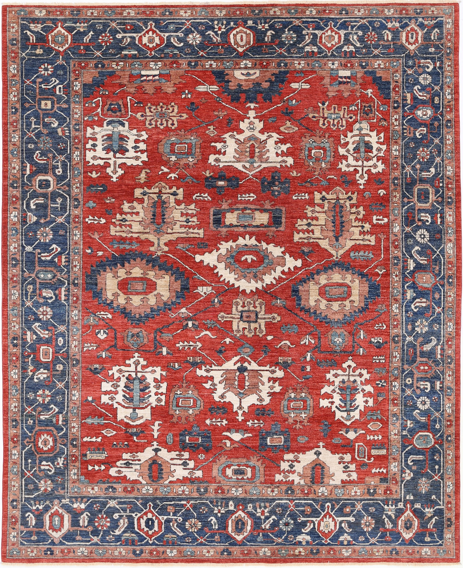 Red color Fine Hand Knotted Farahan Wool Rug - 10'2" x 8'2": Woven by master artisans in Afghanistan, this hand-knotted wool rug from the esteemed Ziegler collection gracefully presents the Farhan design within a compact yet commanding 10'2" by 8'2" rectangular
