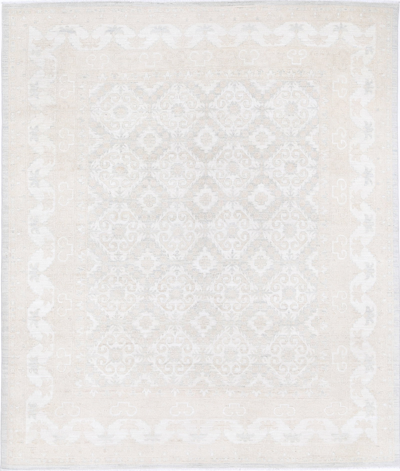 Hand Knotted farahan Wool Rug - 9'2" x 7'10": Masterfully hand-knotted in Afghanistan, this wool rug from the Serenity collection embodies the graceful Farhan design, elegantly spread across a harmonious 9'2" by 7'10" rectangular field. Each knot