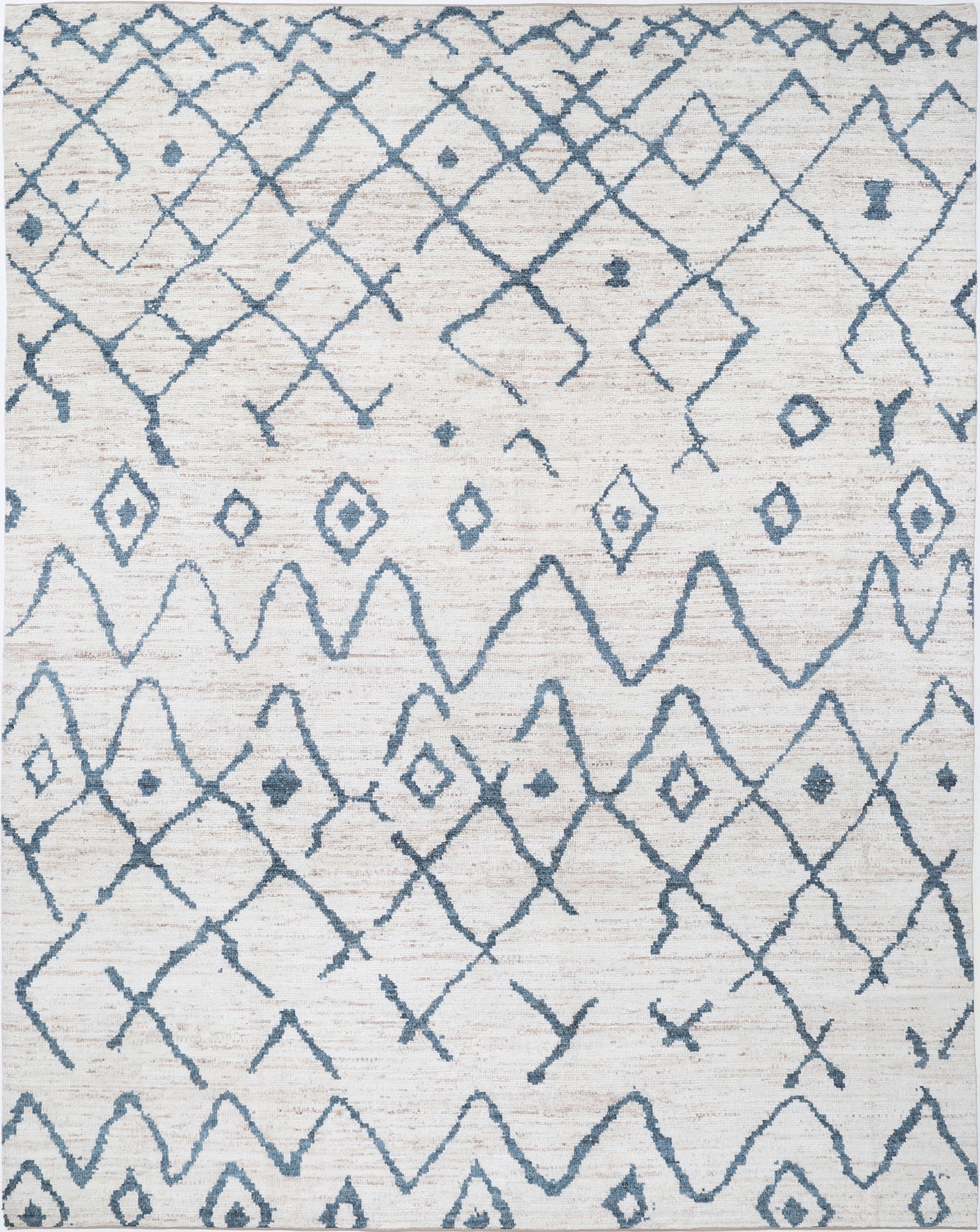 Hand Knotted Morocan Wool Rug - 11'9" x 9'3": Handcrafted in Afghanistan with exceptional skill, this hand-knotted wool rug from the Morocan collection spans 11'9" by 9'3" in a classic rectangular form, embodying the bold, geometric language of t
